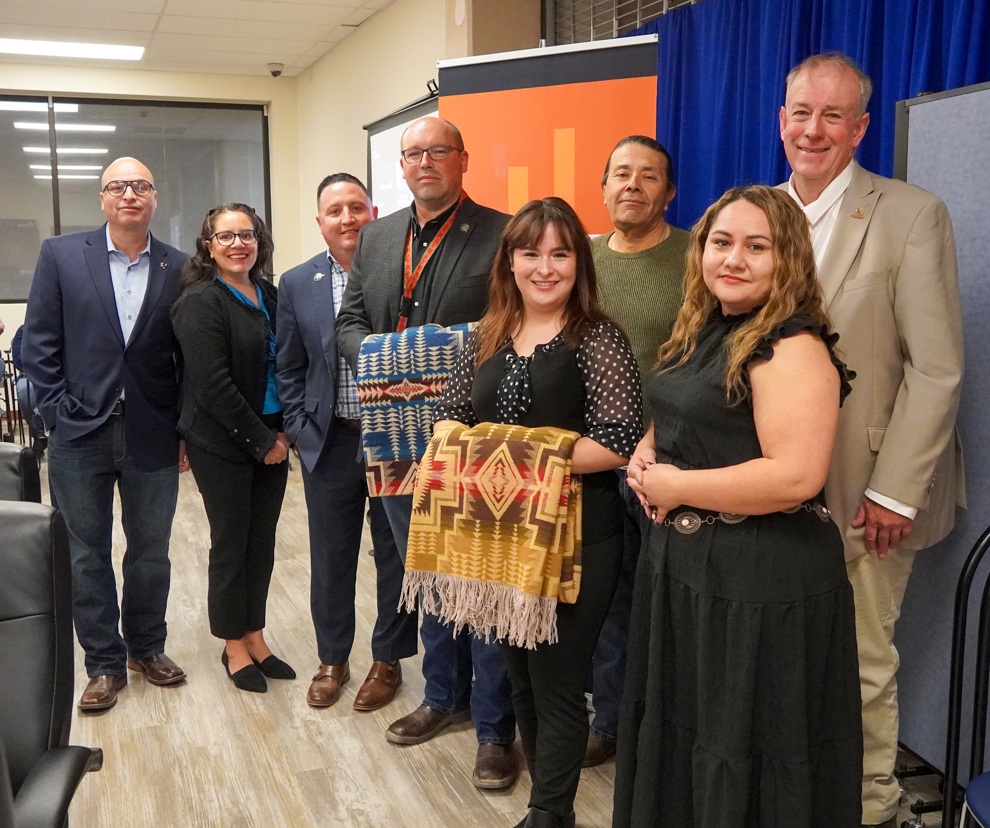 Northern New Mexico College Board of Regents (from left): NNMC President Hector Balderas, Vice-Chair Erica Rita Velarde, Secretary/Treasurer Ruben Archuleta, outgoing Regent Porter Swentzell, outgoing Regent Casandra Batista Dauz, Regent Ron Lovato, Regent Dolores Gurule and Chair Michael Martin